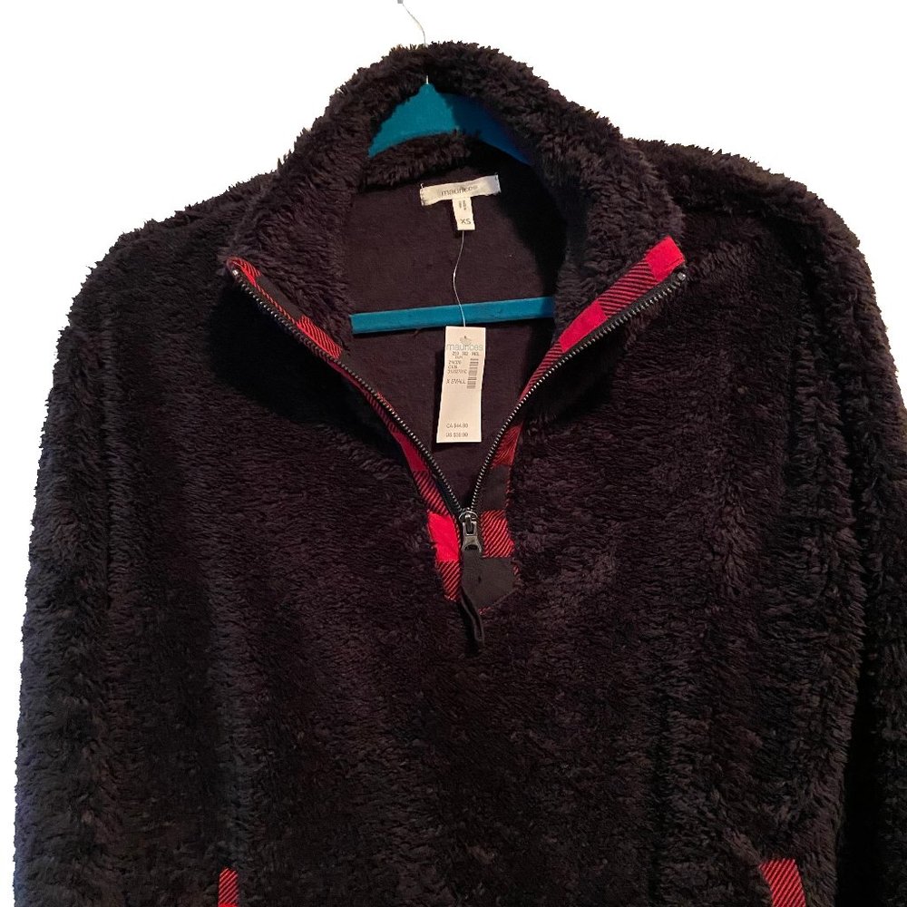 Maurices NWT Women's Black Buffalo Plaid Trim Teddy Sherpa Sweatshirt Size XS - Picture 4 of 10